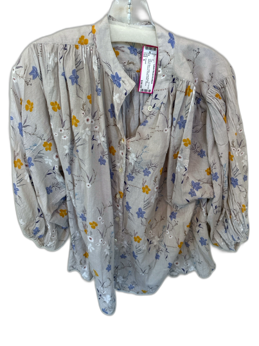 Closed Size S Gray & Blue Cotton Long Balloon Sleeve Flowers Button Down Top Gray & Blue / S