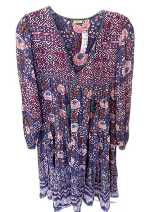 Matta Size S Purple & Red Cotton Long Balloon Sleeve Floral Block Print Dress Purple & Red / S