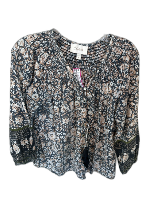 Cleobella Size S Tan & blue Cotton Long Balloon Sleeve Botanical Buttons Top Tan & blue / S