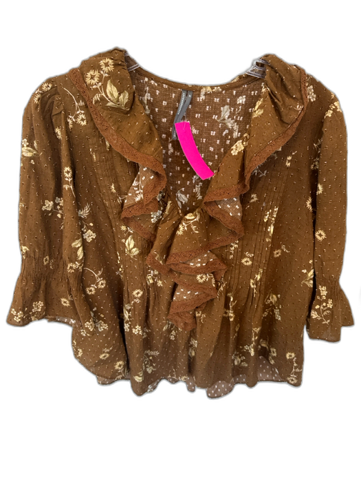 By Anthropologie Size XS Brown & Tan Cotton Long Balloon Sleeve Swiss Dot Top Brown & Tan / XS