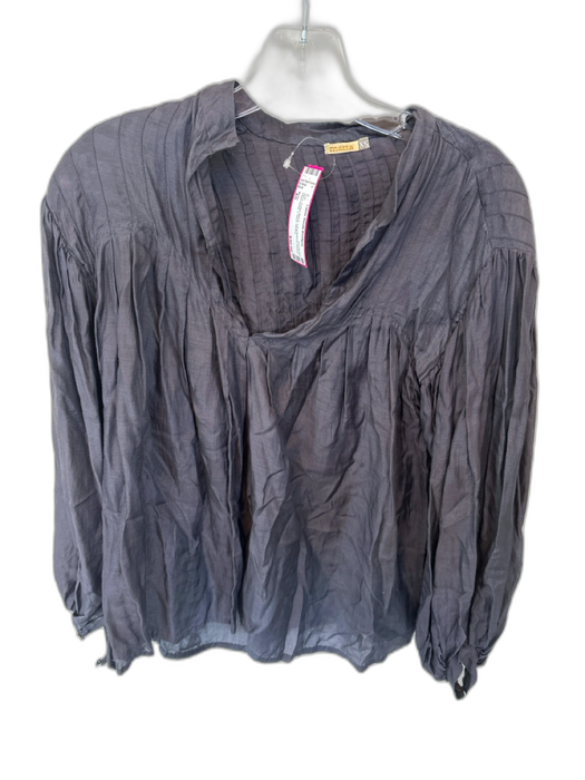 Matta Size XS Navy Cotton Blend Long Balloon Sleeve Pleat Detail V Neck Top Navy / XS