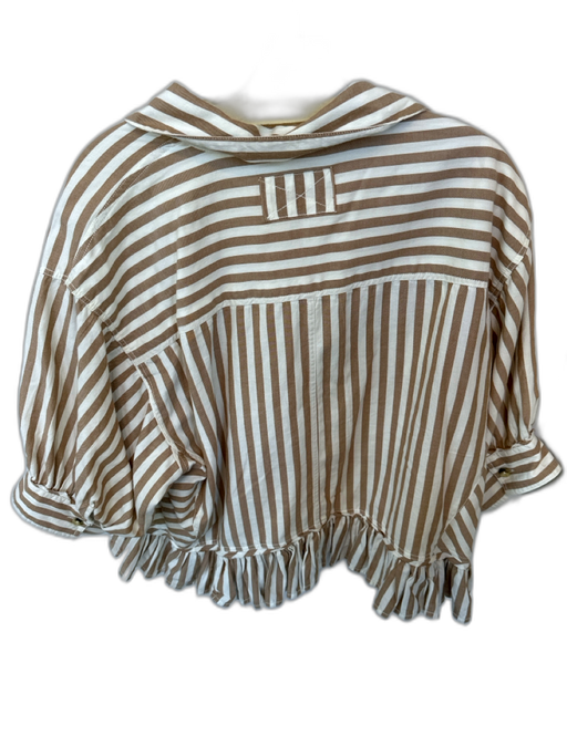 We The Free Size S Tan & White Cotton 3/4 Balloon Sleeve Striped Ruffles Top Tan & White / S