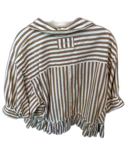 We The Free Size S Tan & White Cotton 3/4 Balloon Sleeve Striped Ruffles Top Tan & White / S