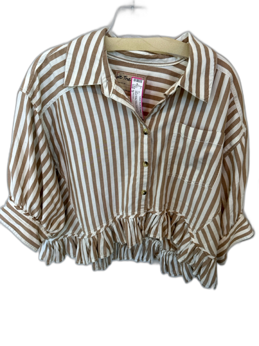 We The Free Size S Tan & White Cotton 3/4 Balloon Sleeve Striped Ruffles Top Tan & White / S