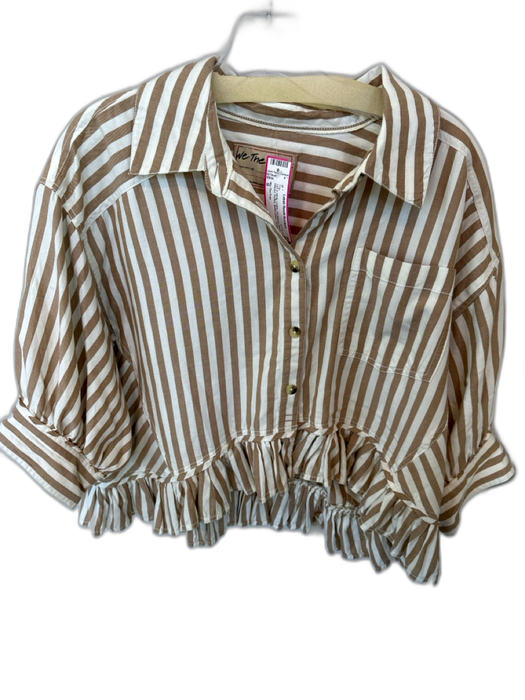 We The Free Size S Tan & White Cotton 3/4 Balloon Sleeve Striped Ruffles Top Tan & White / S