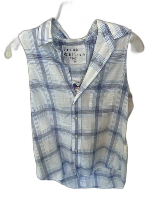 Frank & Eileen Size XS White & Blue Cotton Sleeveless Grid Button Down Top White & Blue / XS