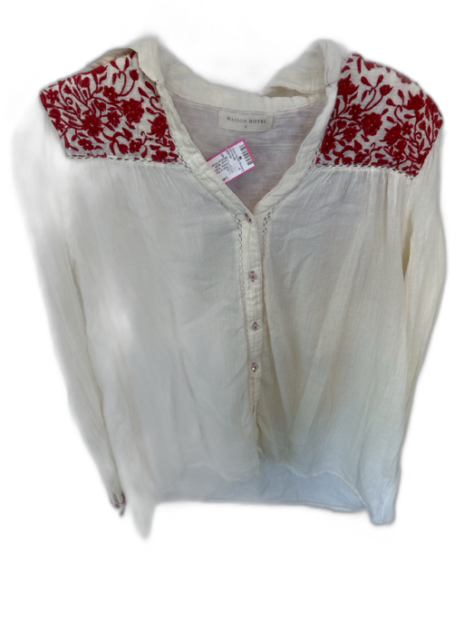 Maison Hotel Size S Cream & Red Cotton Embroidered Long Sleeve Button Down Top Cream & Red / S