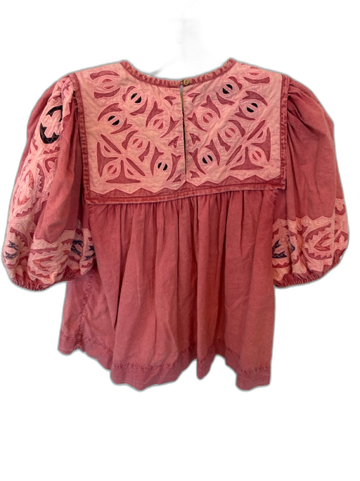 Ulla Johnson Size 4 Salmon Cotton Short Balloon Sleeve Bib Embroidered Top Salmon / 4