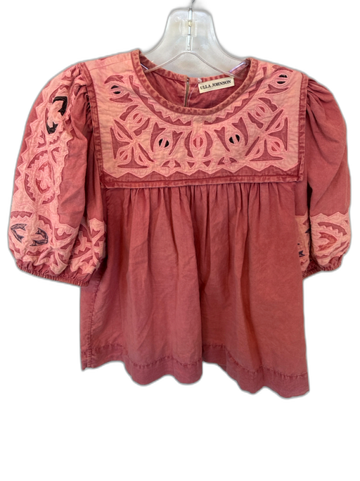 Ulla Johnson Size 4 Salmon Cotton Short Balloon Sleeve Bib Embroidered Top Salmon / 4