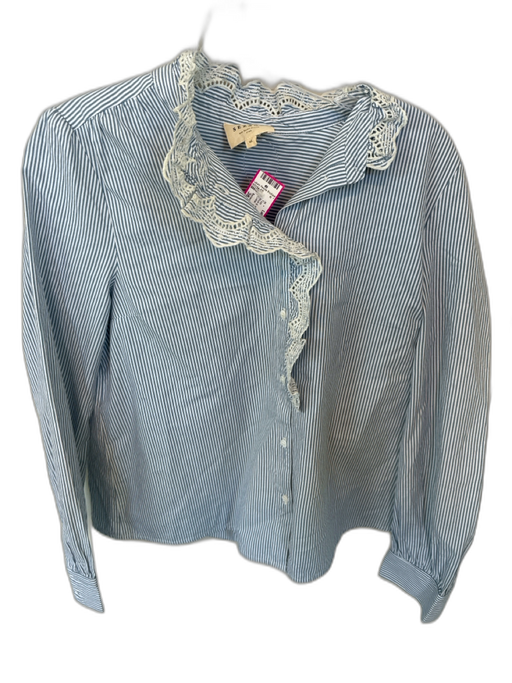 Sezane Size 38 Blue & White Cotton Long Sleeve Lace Collar Striped Top Blue & White / 38