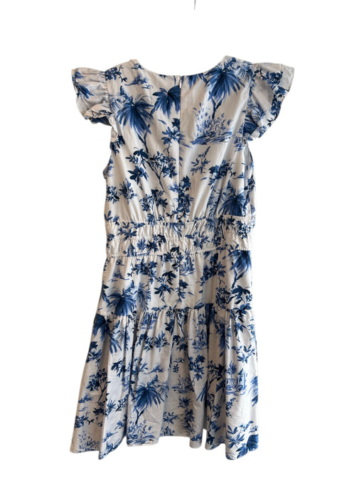 Vince Camuto Size 10 White & Blue Cotton Lined Ruffle Sleeveless Floral Dress White & Blue / 10