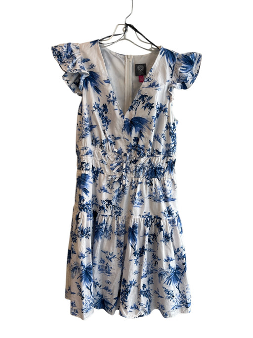Vince Camuto Size 10 White & Blue Cotton Lined Ruffle Sleeveless Floral Dress White & Blue / 10