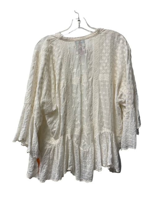 Johnny Was Size M Cream Rayon Tie Front Perforated Sheer Bell Sleeve Top Cream / M
