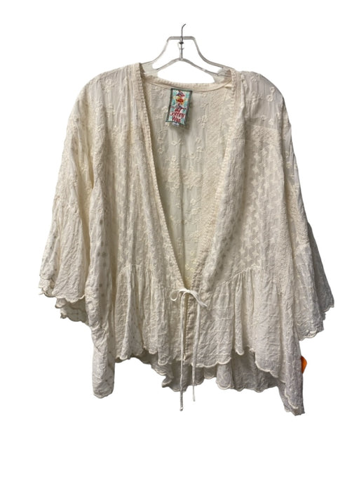 Johnny Was Size M Cream Rayon Tie Front Perforated Sheer Bell Sleeve Top Cream / M