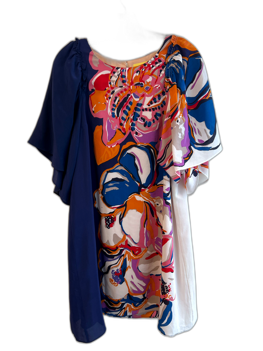 Maeve Size S Multi 100% Silk Round Neck Floral Abstract Flutter Cap Sleeve Dress Multi / S