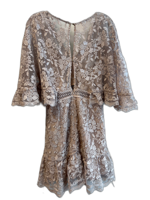 Stevie May Size M Gold Polyester Embroidered Floral Mesh Overlay Dress Gold / M