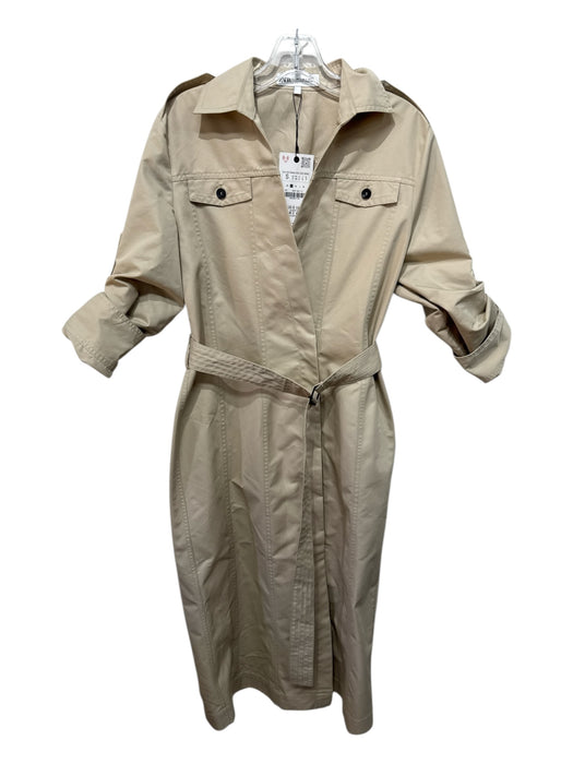 Zara Size S Khaki Beige Cotton Blend Solid Belt included Trench Coat Khaki Beige / S