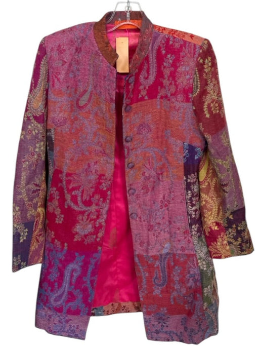Moksha Size S Pink & Orange Wool Buttons Shoulder Pads Floral Long Jacket Pink & Orange / S