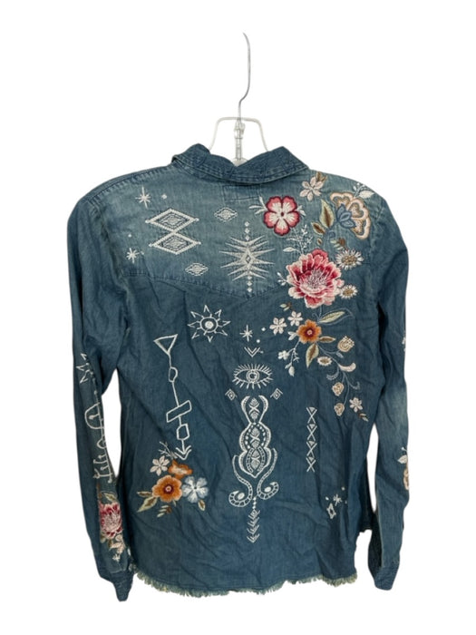 Johnny Was Size S Denim & Multi Cotton Button Up Embroidered Floral Collar Top Denim & Multi / S