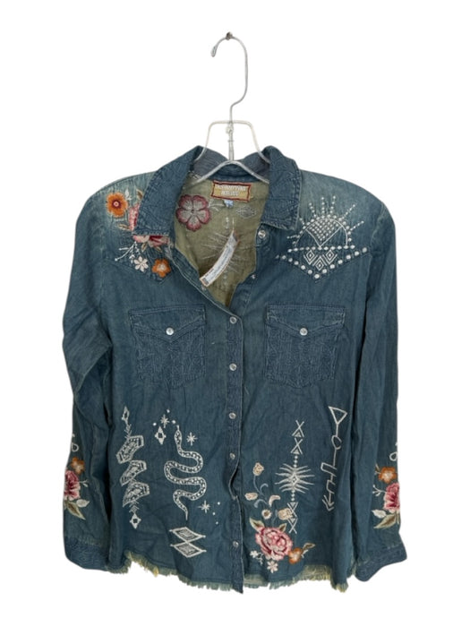 Johnny Was Size S Denim & Multi Cotton Button Up Embroidered Floral Collar Top Denim & Multi / S