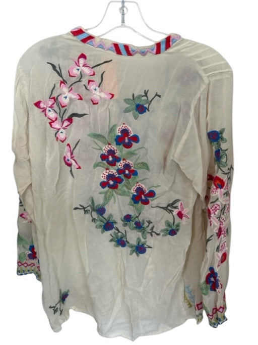 Johnny Was Size S Off White Polyester Long Sleeve V Neck Embroidered Floral Top Off White / S
