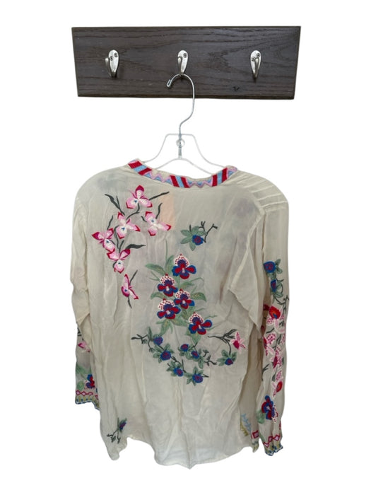 Johnny Was Size S Off White Polyester Long Sleeve V Neck Embroidered Floral Top Off White / S