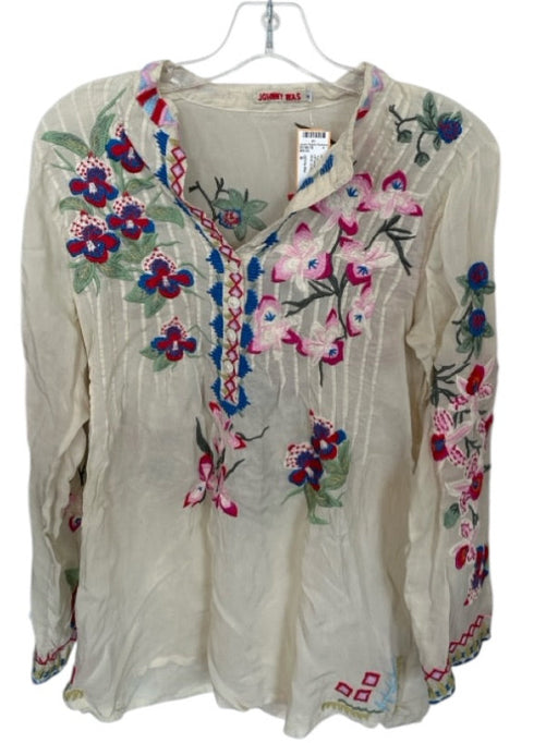 Johnny Was Size S Off White Polyester Long Sleeve V Neck Embroidered Floral Top Off White / S