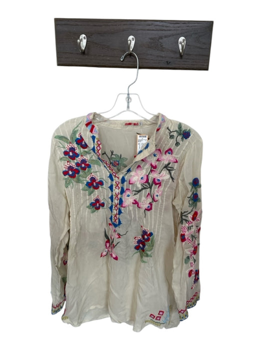 Johnny Was Size S Off White Polyester Long Sleeve V Neck Embroidered Floral Top Off White / S