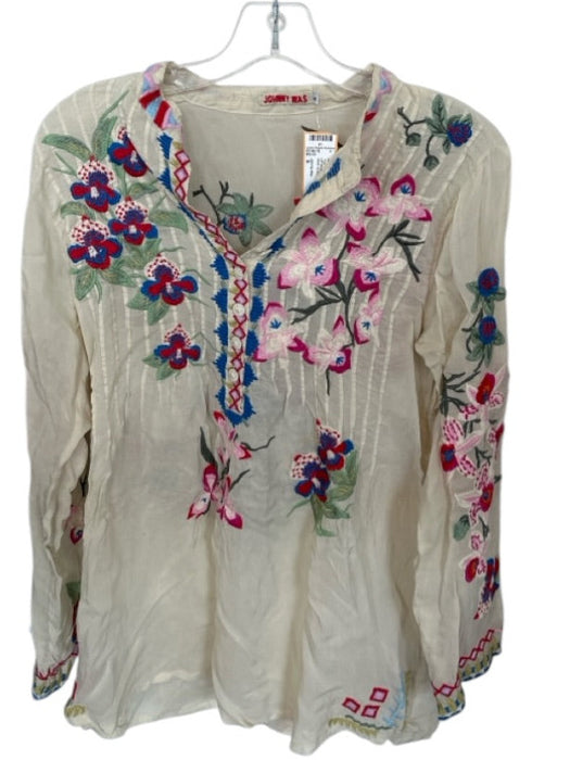 Johnny Was Size S Off White Polyester Long Sleeve V Neck Embroidered Floral Top Off White / S