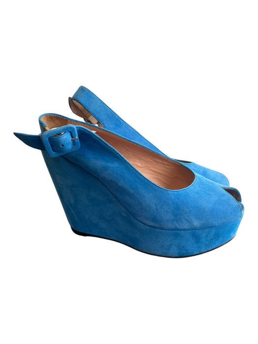 Robert Clergerie Shoe Size 37.5 Blue Suede Leather Peep Toe Sling back Shoes Blue / 37.5