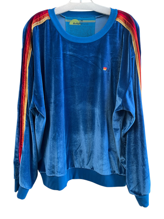Aviator Nation Size M Blue Polyester & Spandex Velour Stripes Logo Patch Sweater Blue / M