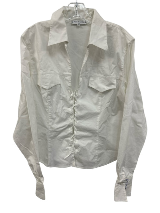 Anne Fontaine Size 5 White Cotton Long Sleeve Tie Top Collar Top White / 5