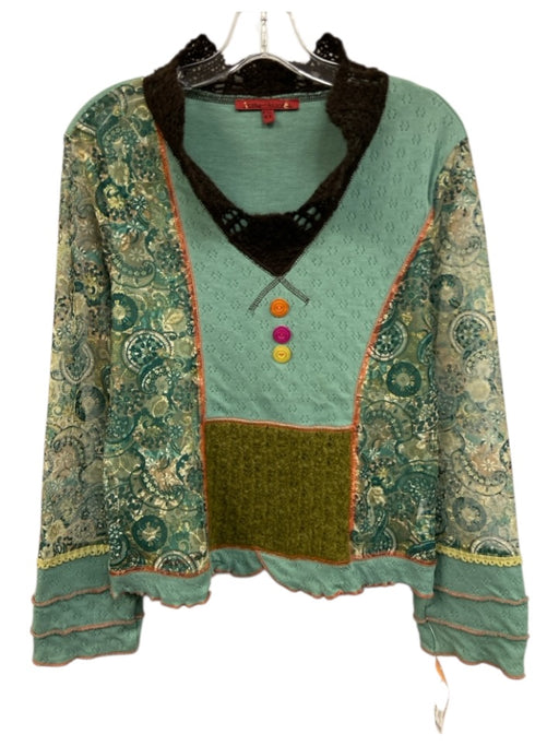 Instants Voles Size 44 Green, Brown & Multi Cotton Paneled Contrast Stitch Top Green, Brown & Multi / 44