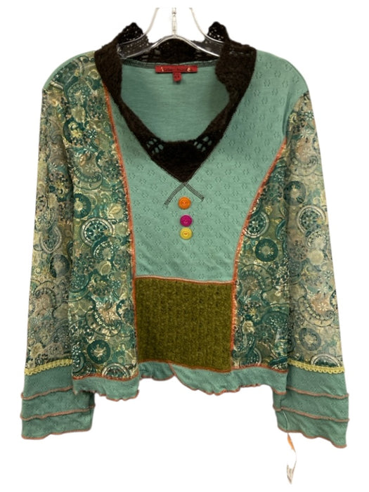 Instants Voles Size 44 Green, Brown & Multi Cotton Paneled Contrast Stitch Top Green, Brown & Multi / 44