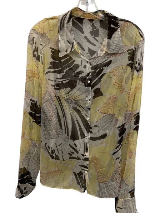 Elie Tahari Size XL White, Brown & Yellow Silk Abstract Floral Long Sleeve Top White, Brown & Yellow / XL