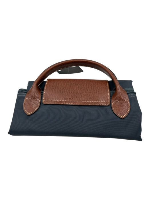 Longchamp Slate Gray & Brown Nylon Zip Top Leather Trim Collapsible Tote Bag Slate Gray & Brown / XL