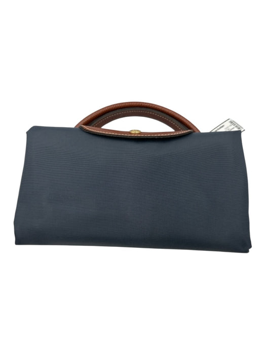 Longchamp Slate Gray & Brown Nylon Zip Top Leather Trim Collapsible Tote Bag Slate Gray & Brown / XL