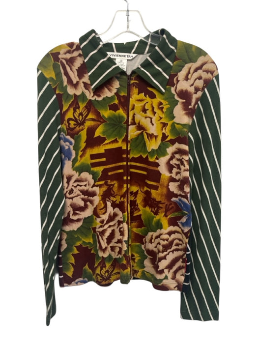 Vivienne Tam Size 3 Red, Green & Multi Cotton Blend Floral Striped Zip front Top Red, Green & Multi / 3
