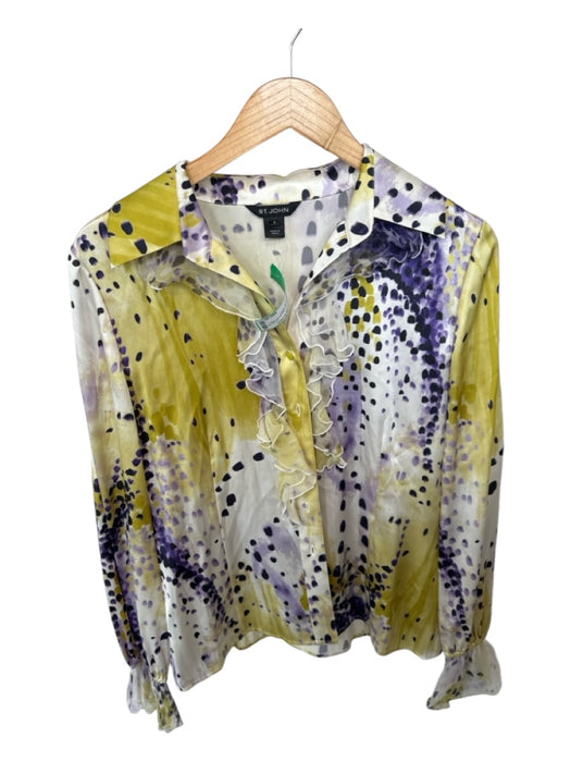 St. John Size 8 Yellow & Purple Silk Long Sleeve dots Ruffles Button Down Top Yellow & Purple / 8