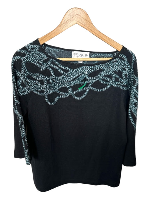 St. John Collection Size M Black & Teal Wool Blend Knit Neck Detail Sweater Black & Teal / M