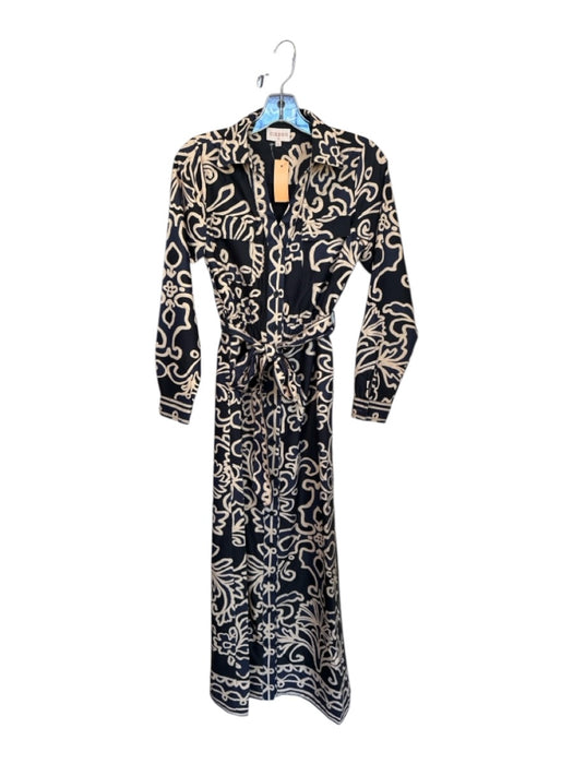 Ciebon Size XS Black & Tan Polyester Long Sleeve Flowers buttondown Maxi Dress Black & Tan / XS