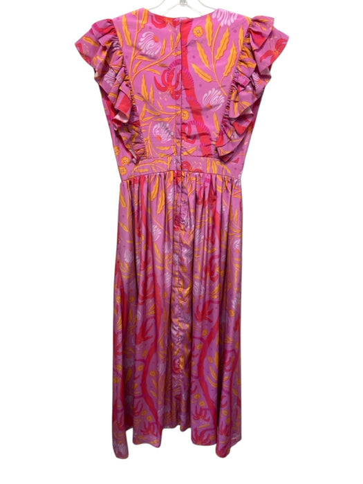 Sheridan French Size XS Purple, Red, Yellow Silk V Neck Ruffle Cap Sleeve Dress Purple, Red, Yellow / XS