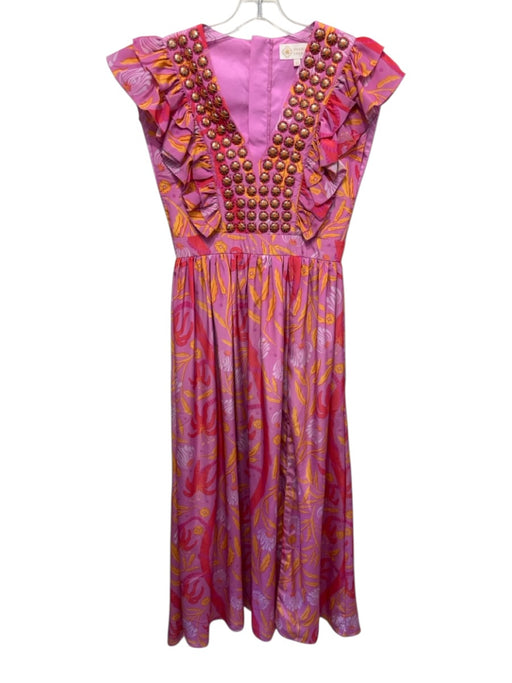 Sheridan French Size XS Purple, Red, Yellow Silk V Neck Ruffle Cap Sleeve Dress Purple, Red, Yellow / XS