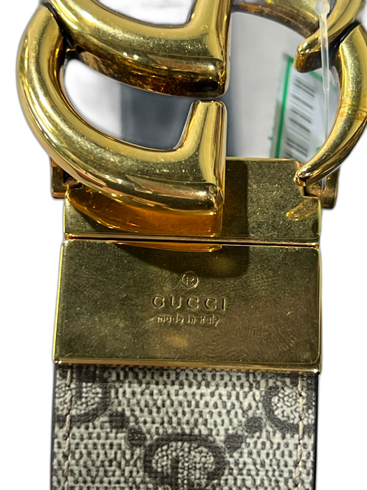 Gucci Brown & Tan Coated Logo Gold Buckle Double G's Reversible Belts Brown & Tan / 85/34