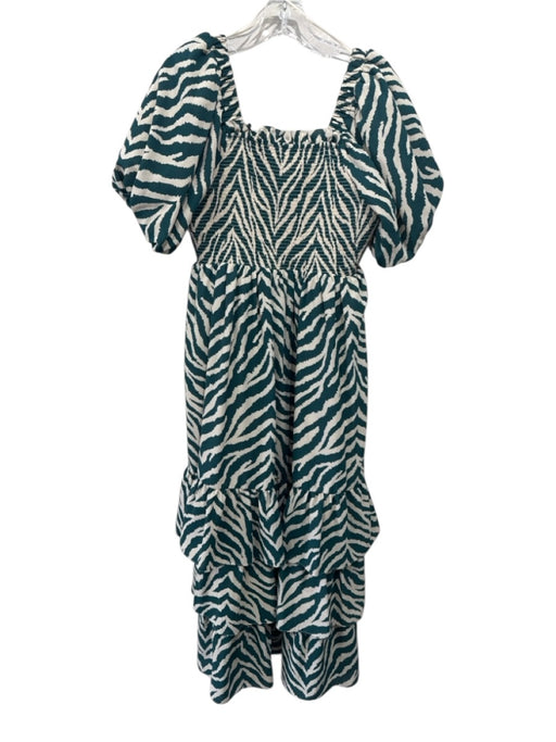 English Factory Size S Teal & Ivory Polyester Abstract Print Tiered Dress Teal & Ivory / S