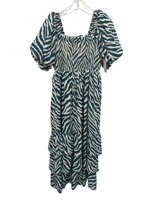 English Factory Size S Teal & Ivory Polyester Abstract Print Tiered Dress Teal & Ivory / S