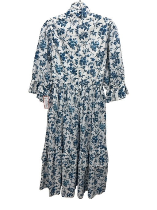 Meadows Size 2 White & Blue Cotton Tiered Floral Print Mock Neck Dress White & Blue / 2