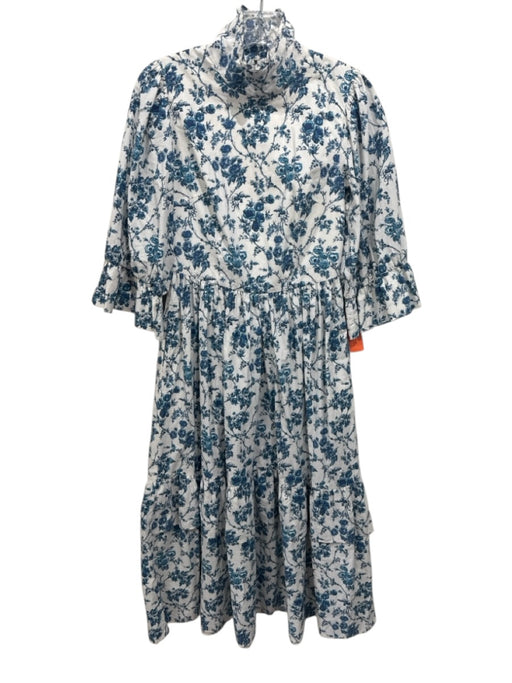 Meadows Size 2 White & Blue Cotton Tiered Floral Print Mock Neck Dress White & Blue / 2