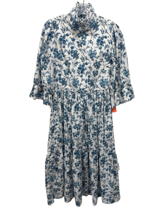 Meadows Size 2 White & Blue Cotton Tiered Floral Print Mock Neck Dress White & Blue / 2