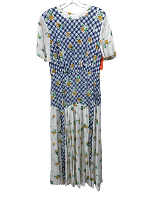 Rixo Size 6 White, Blue, Multi Silk Plaid Floral Print Leg Slit Dress White, Blue, Multi / 6